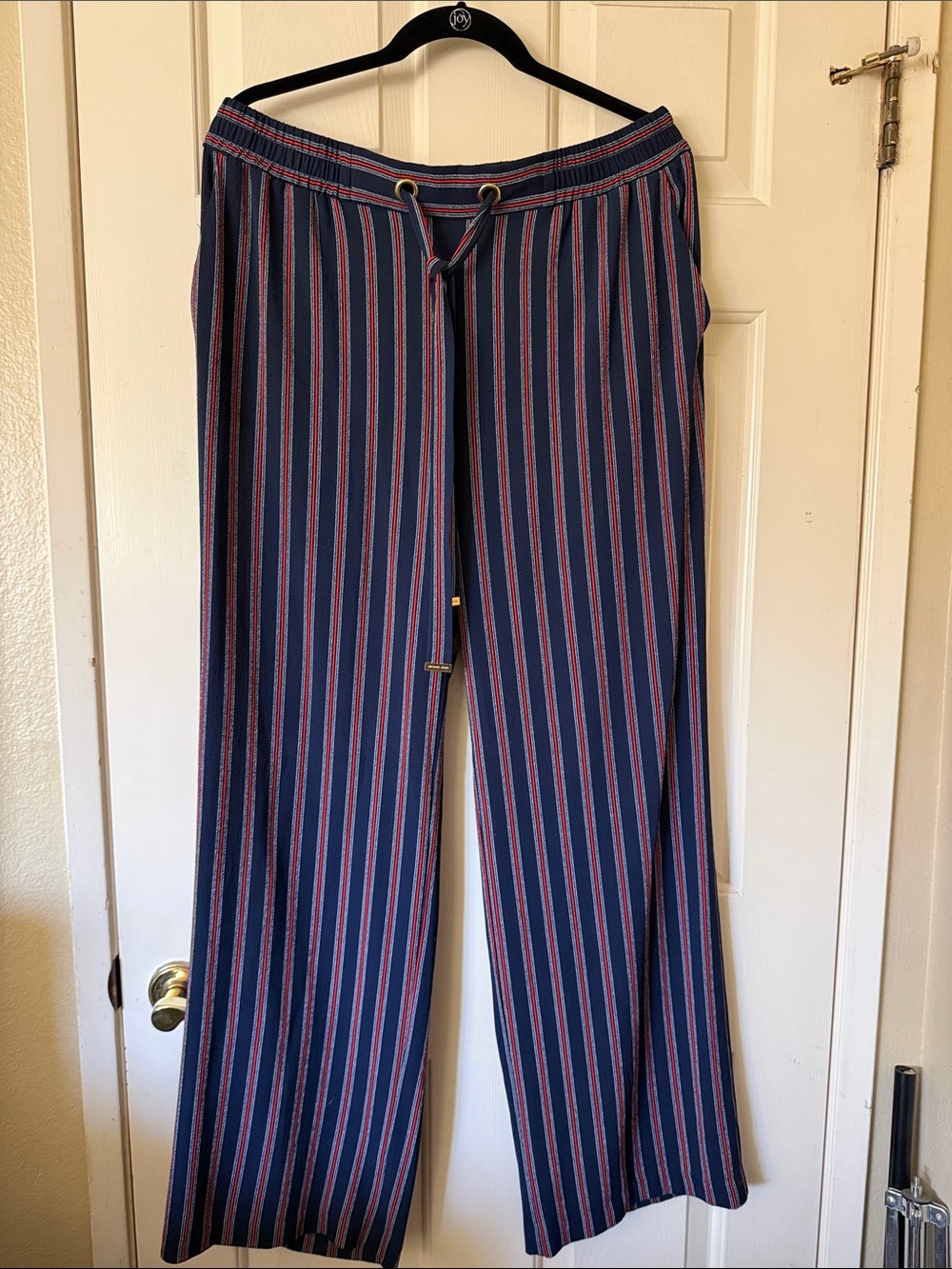 Michael Kors Navy Blue Wide Leg Striped Pants with Red Pinstripes szL